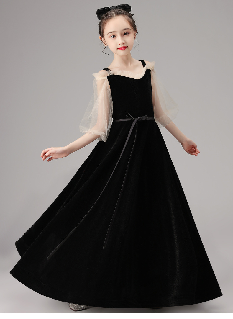儿童礼服女童钢琴演奏演出服生日晚礼服洋气高端黑色主持人礼服裙