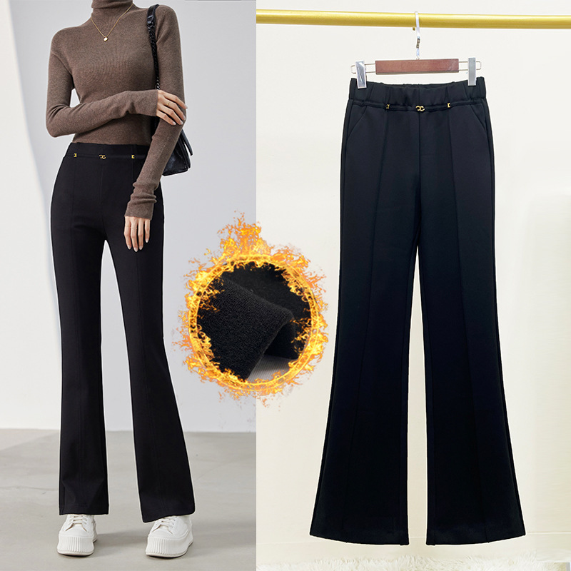 Fleece-lined Bell-Bottom Pants Women's High Waist Elastic Slim Fit Draping Shenzhen High-End Winter Clothing Top-Selling Product Fashion Thick Micro-Pull Suit Pants