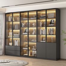 实木书柜玻璃门展示柜现代轻奢家用客厅一体整墙到顶书架墙柜