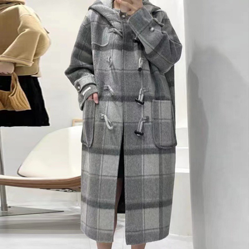 高端格子双面羊绒大衣女秋冬新款牛角扣日系学院风羊毛呢子外套