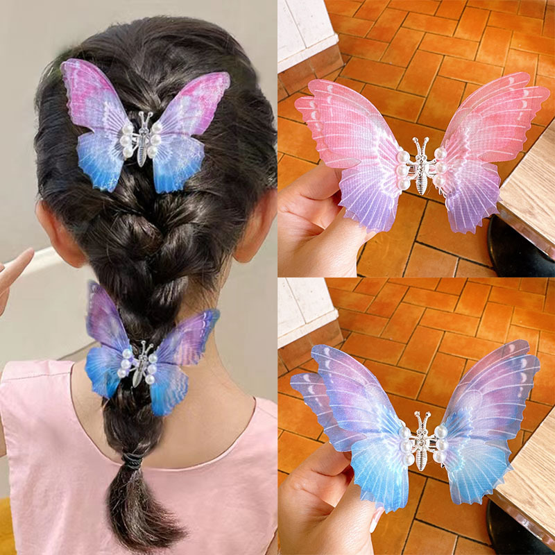 儿童汉服头饰立体薄纱蝴蝶珍珠流苏仙女精灵古装发饰仙气古风发夹