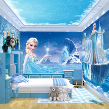 2022儿童房壁纸女孩卧室无缝墙布3d卡通冰雪奇缘公主装饰环保壁画