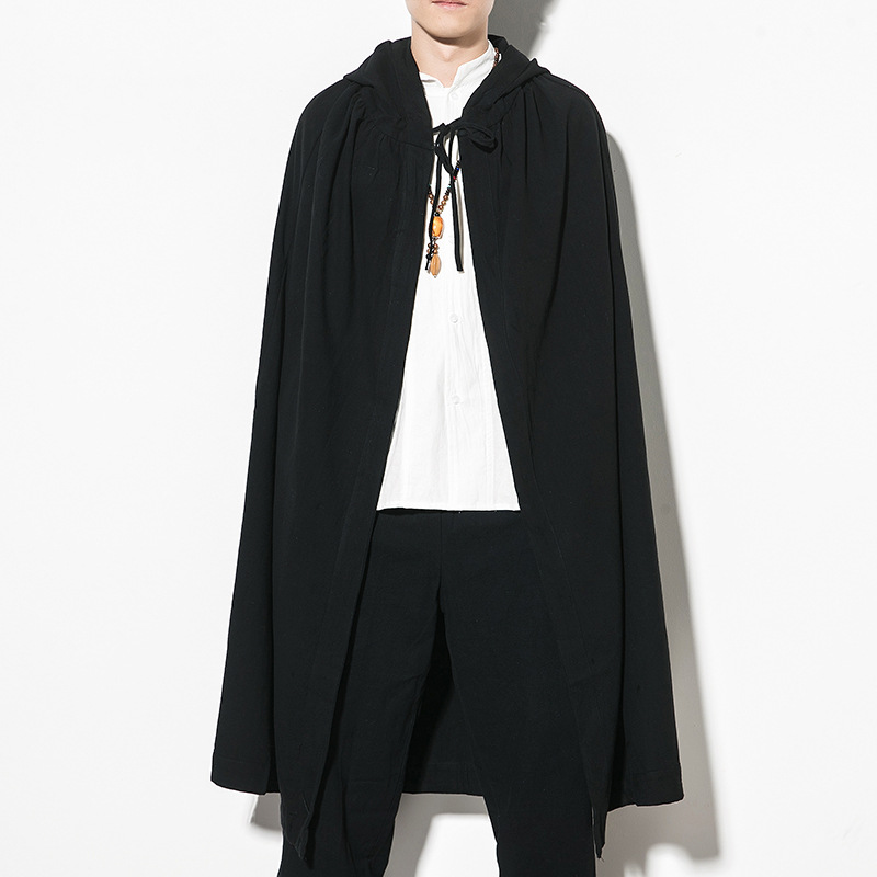 秋季潮流男薄款装披风汉服古装侠客连帽风衣棉麻外套档口斗篷