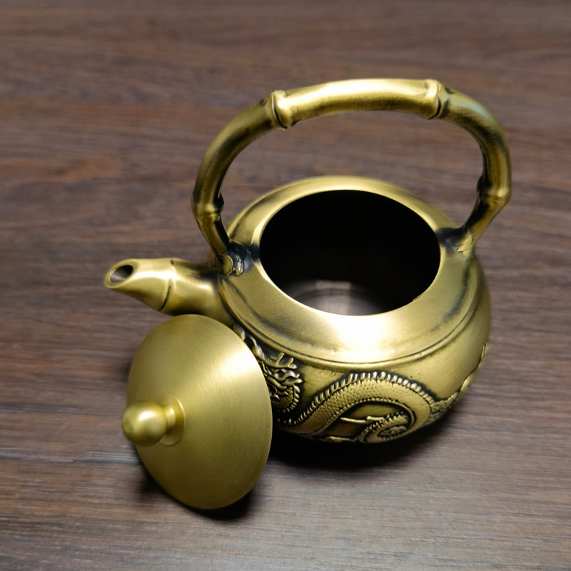 纯铜小茶壶带提手龙凤茶壶纯铜茶壶摆件手把茶壶酒壶金属工艺品