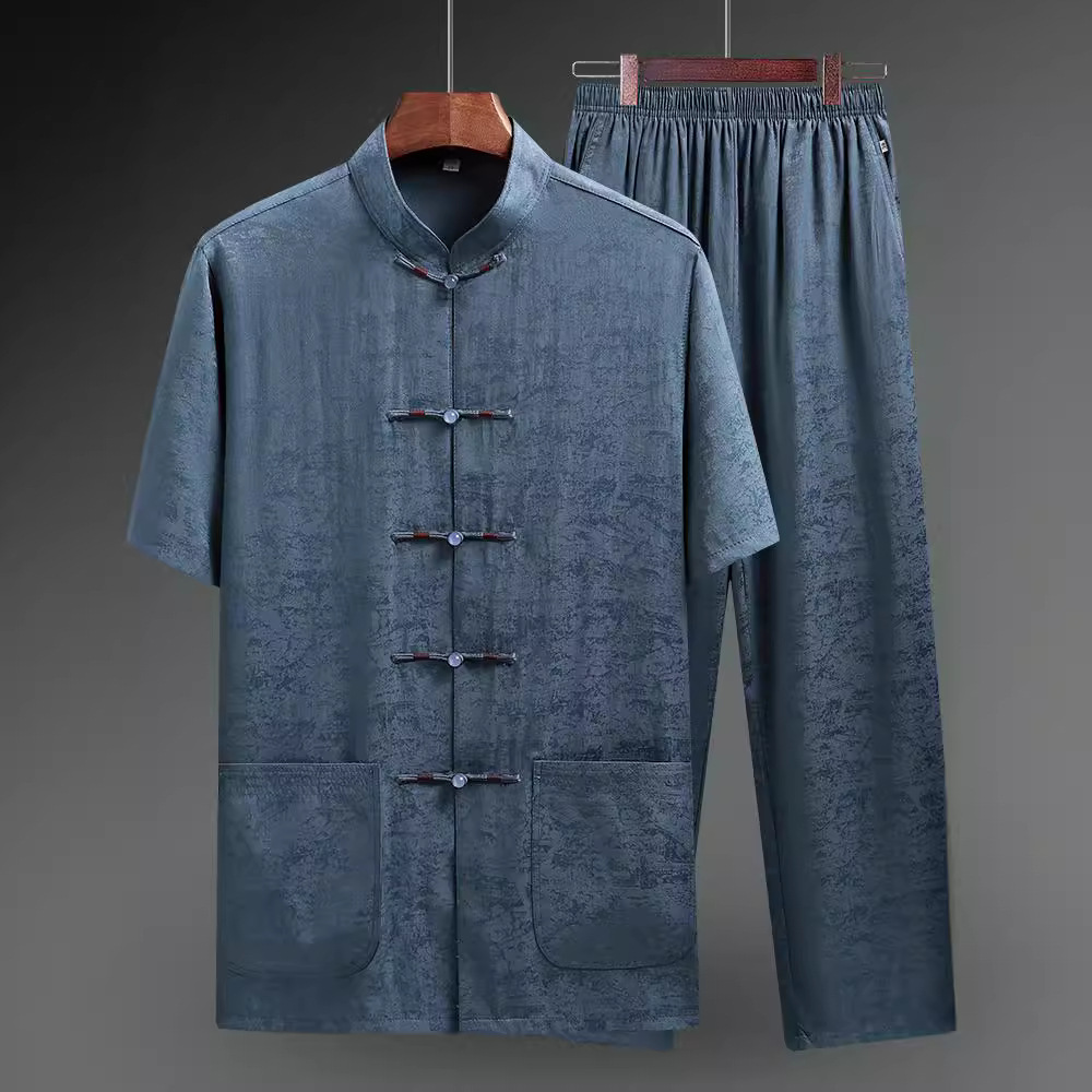 唐装男士冰丝短袖套装老人爷爷夏天衣服中国风男装中老年爸爸夏装
