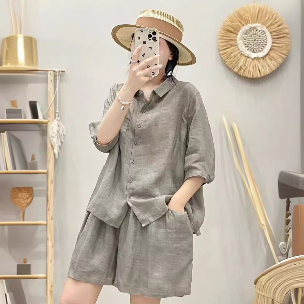 斜纹苎麻套装 2024夏季新款 手工缝线衬衫女防走光短裤休闲两件套