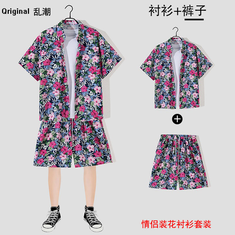 Couple Beach Suit 2022 Hawaii Quick-Drying Loose Casual Trend Thin Printed Pointed Collar Printed Shirt Men