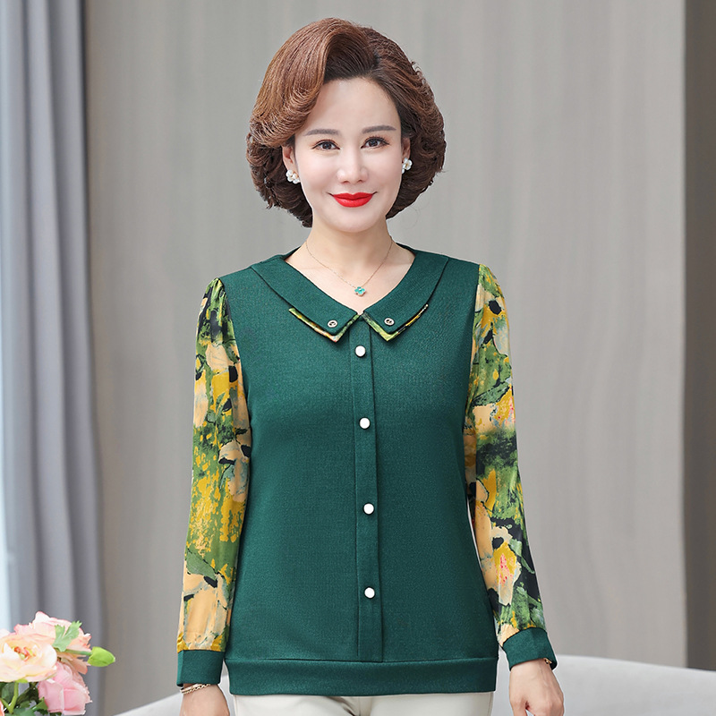 2024年春夏季新款洋气妈妈翻领长袖小衫中老年女装拼接打底t恤衫