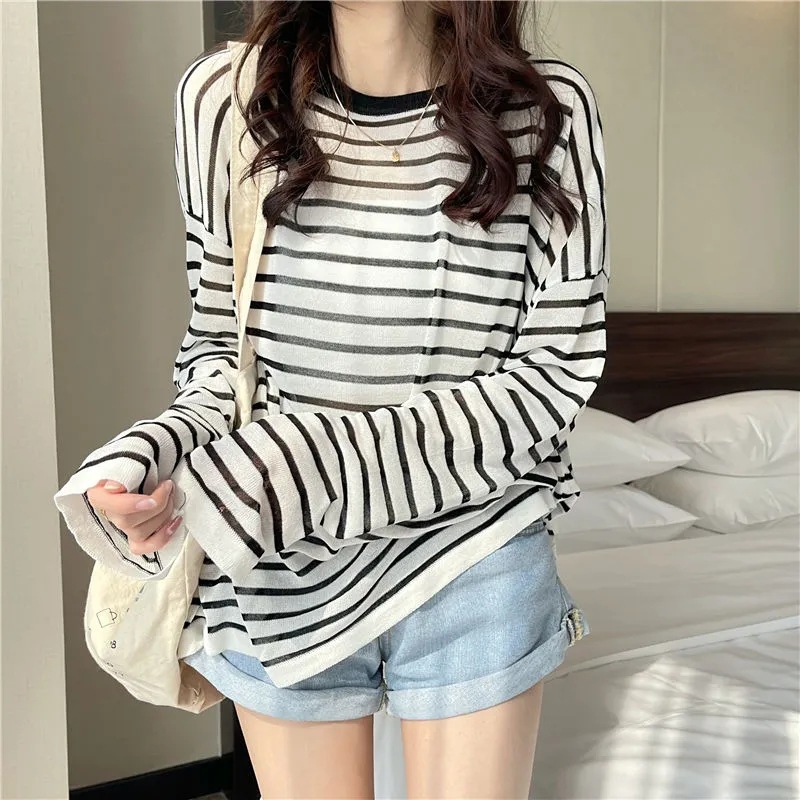 Early Autumn Striped Loose-Fitting Thin Long Sleeve Women's Sun Protection Ice Silk All-Match Top Women's Casual Lazy White Fruit T-shirt Women