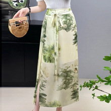 [生产中]2024夏季博主同款新中式国风绿色印花半身裙气质开叉长裙