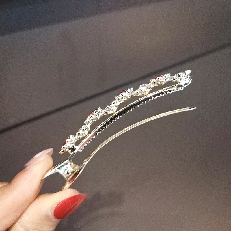 韩国彩色水钻合金花朵弯发夹复古气质鸭嘴夹一字夹刘海侧边夹发卡