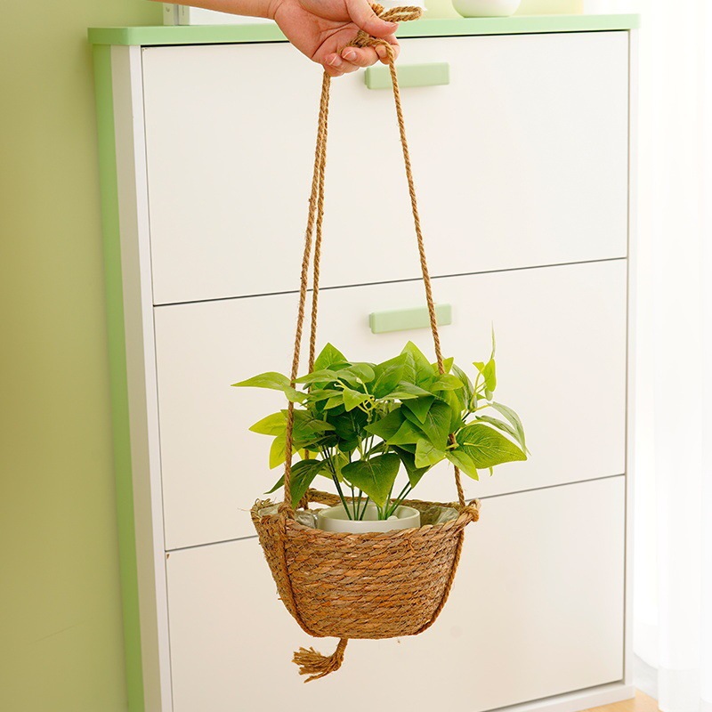 北欧风藤编花篮吊篮吊盆绿萝花盆麻绳垂吊悬挂壁挂草编装饰篮吊篮