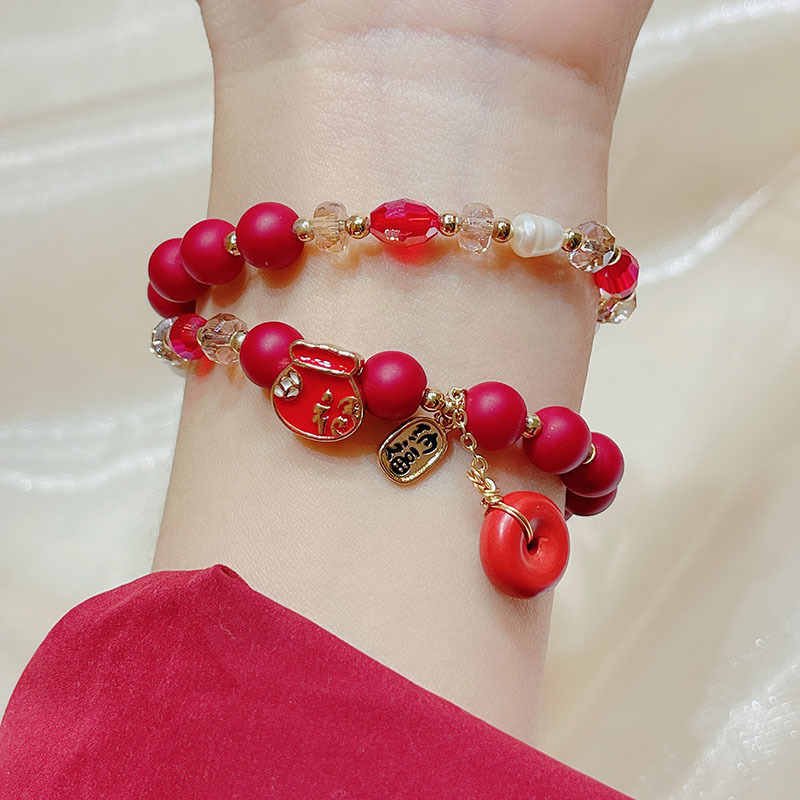 新年款红珠子手链女转运祈福本命年小老虎年手串民族风双圈手饰品