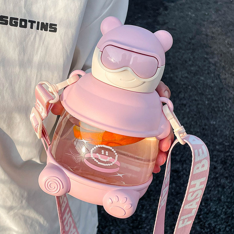 Tiktok Same Style Cool Glasses Bear Big Belly Cup Summer Trendy Personality Boys and Girls Plastic Crossbody Large Capacity Kettle