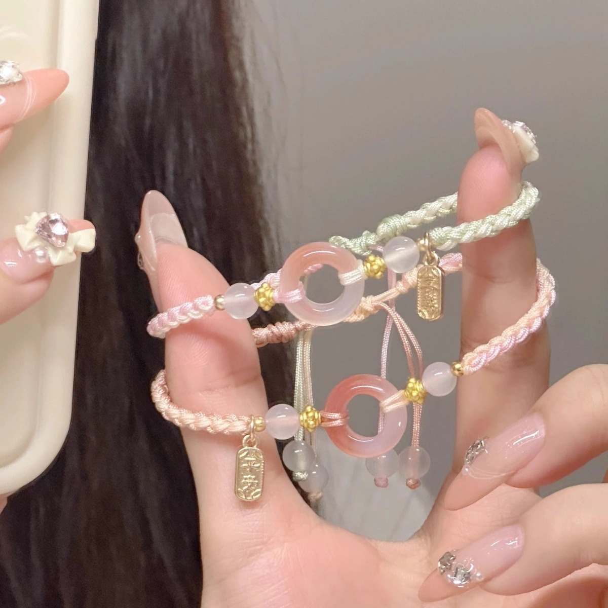 抖音同款2024年新款闺蜜手链桃之夭夭平安扣编织手绳甜美百搭小众