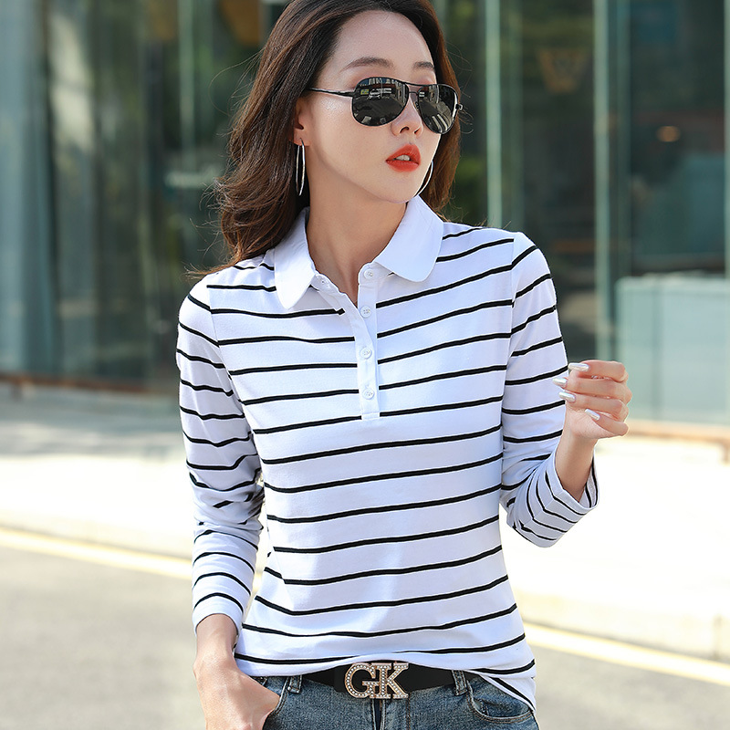 Modal Cotton Long-Sleeved Striped T-shirt Women's Slim Fit 2023 Autumn New Polo Collar Buttoned Bottoming Shirt Fashion