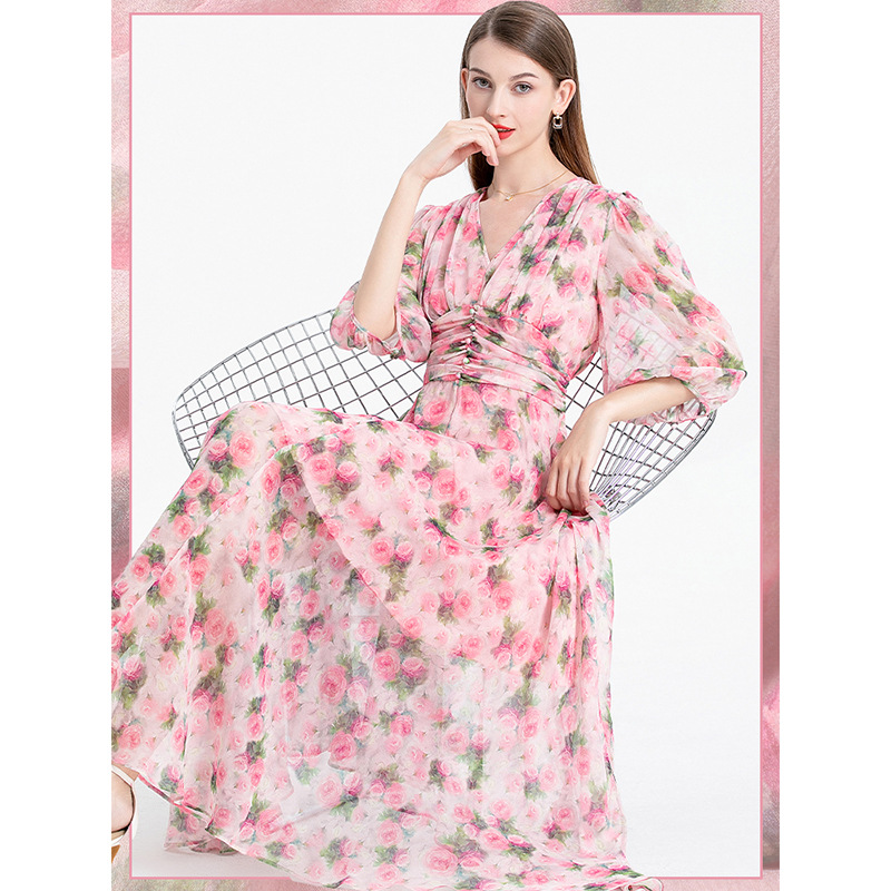 Silk Printed Dress Summer 2024 New Slimming Gentle French Style Floral Skirt Slimming Youthful-Looking Tea Break Skirt