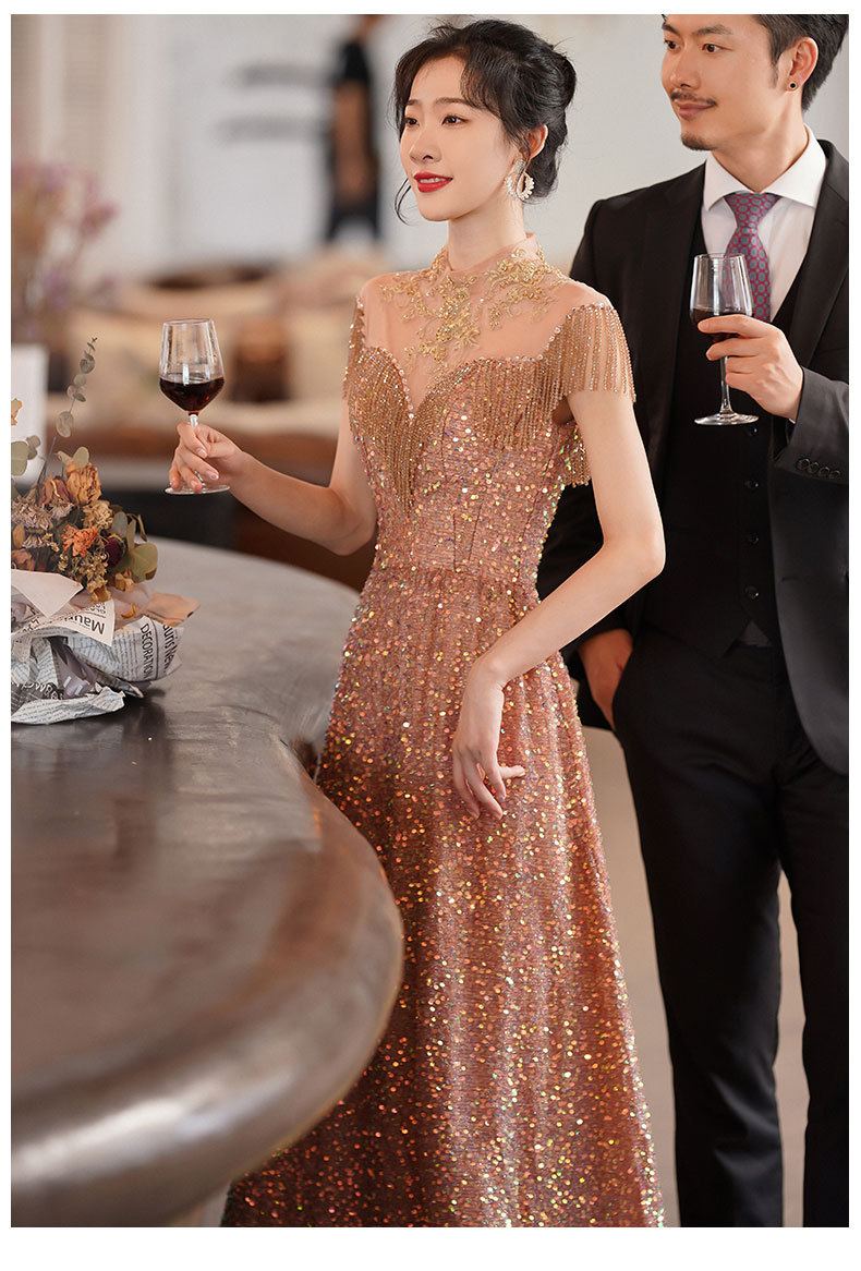 宴会晚礼服香槟色流苏新娘敬酒服裙女女王气场演出主持人礼服春季
