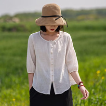 粗麻纹棉棉混纺五分灯笼袖小开衫2023夏季纯色包扣女式衬衫