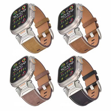 新款适用于apple watch9苹果表带Ultar疯马纹皮质表带金属头表带