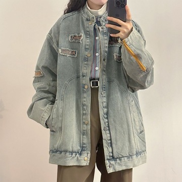 牛仔外套女春秋新款宽松美式复古机车贴布刺绣水洗做旧棒球服夹克