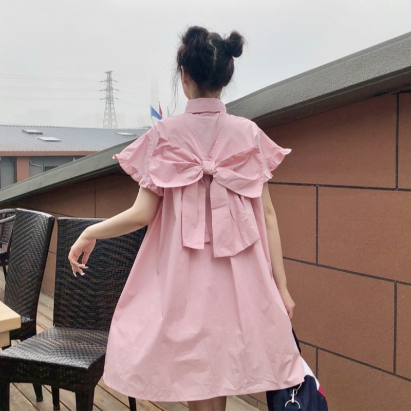 粉色蝴蝶结连衣裙女夏季2021新款法式初恋小个子可爱日系娃娃裙子