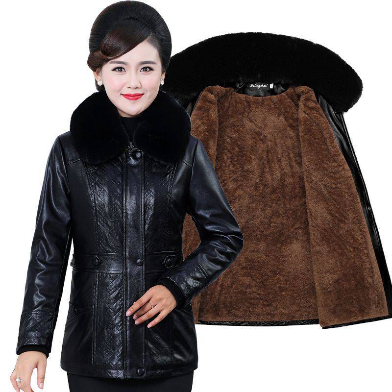 中老年女装pu皮棉衣妈妈冬装加绒加厚皮衣棉袄外套夹克老年人短款