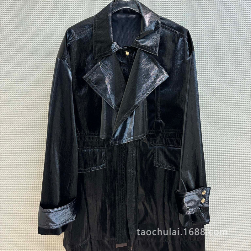 中长款收腰风衣外套帅气拉风时尚机车宽松亮面防风大衣春 cw65565