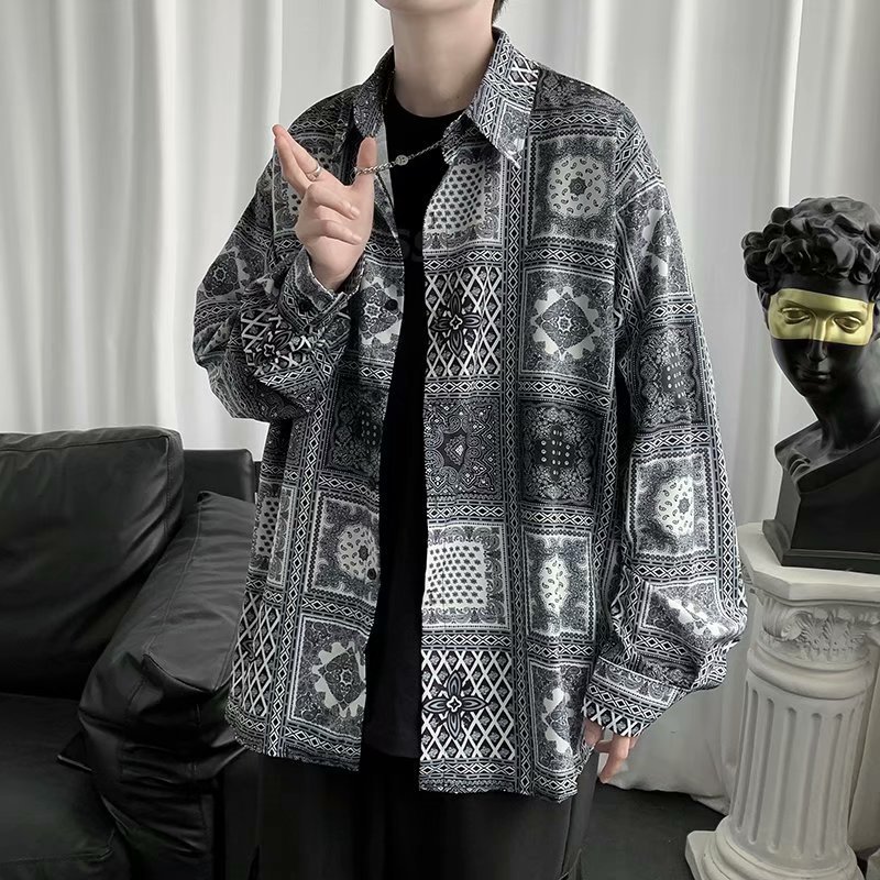 新款暗黑系高街嘻哈腰果花长袖衬衫男女ins美式宽松休闲bf风衬衣