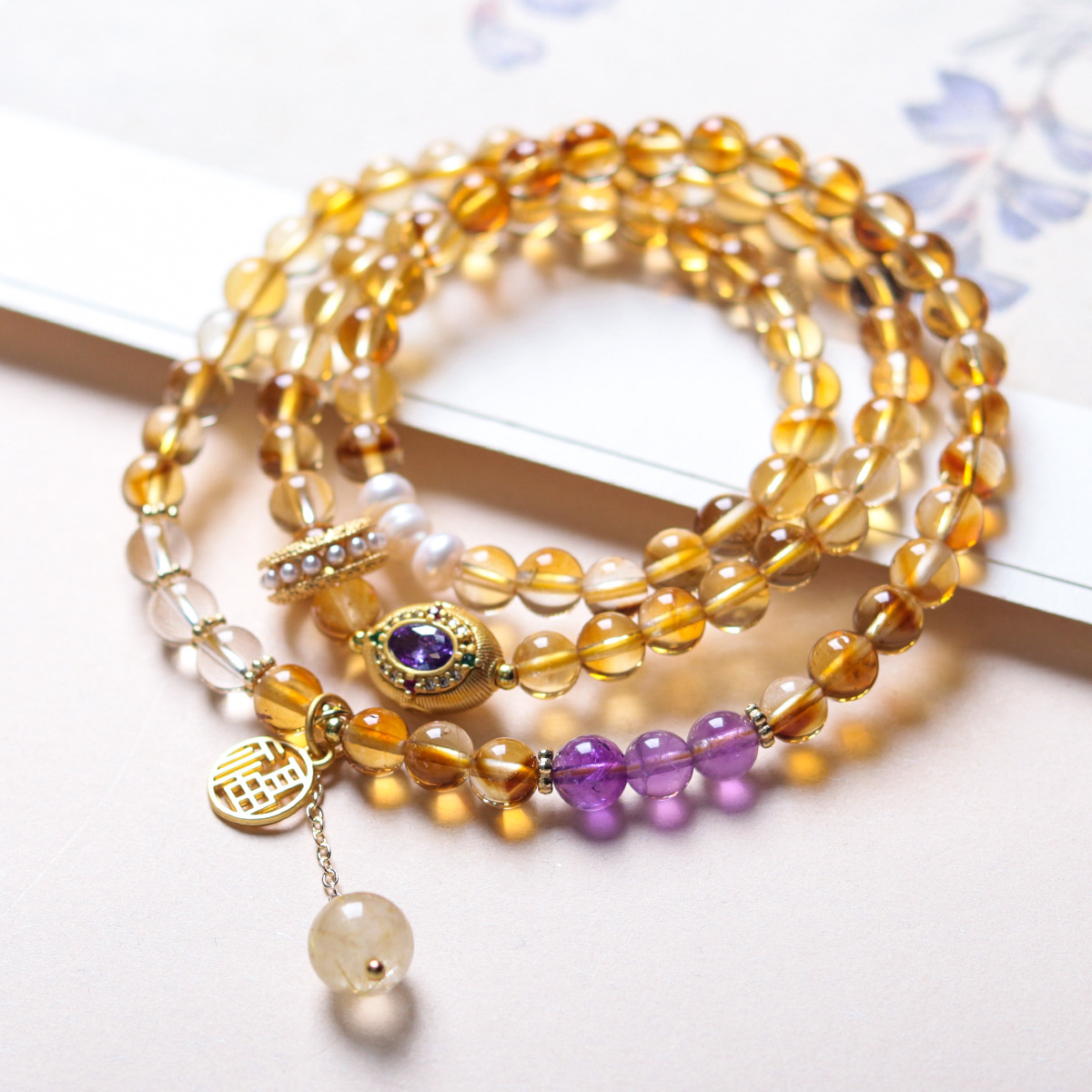 蓬森珠宝天然黄水晶三圈手链搭配天然珍珠发晶紫水晶手串饰品批发
