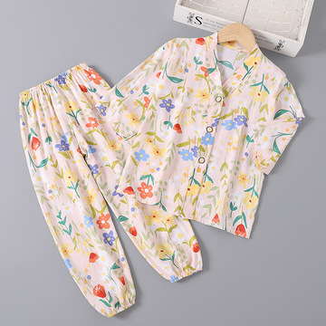 夏季女童棉绸睡衣七分袖儿童绵绸男孩女孩家居服空调服套装