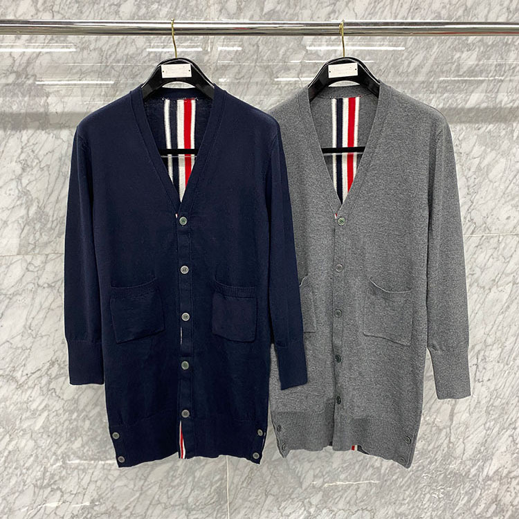 2021春季新款tb英伦风后背三色条纹口袋中长款v领针织开衫外套女