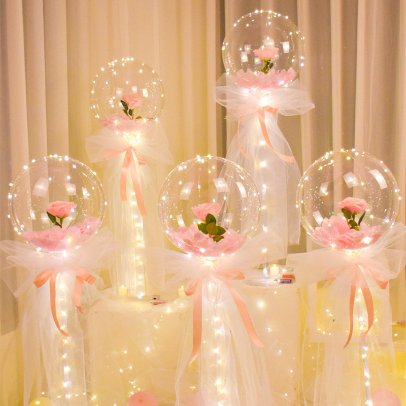 Qixi Confession Rose Bounce Ball Luminous Bouquet Transparent Led Balloon with Light Wedding Wholesale DIY Material Package