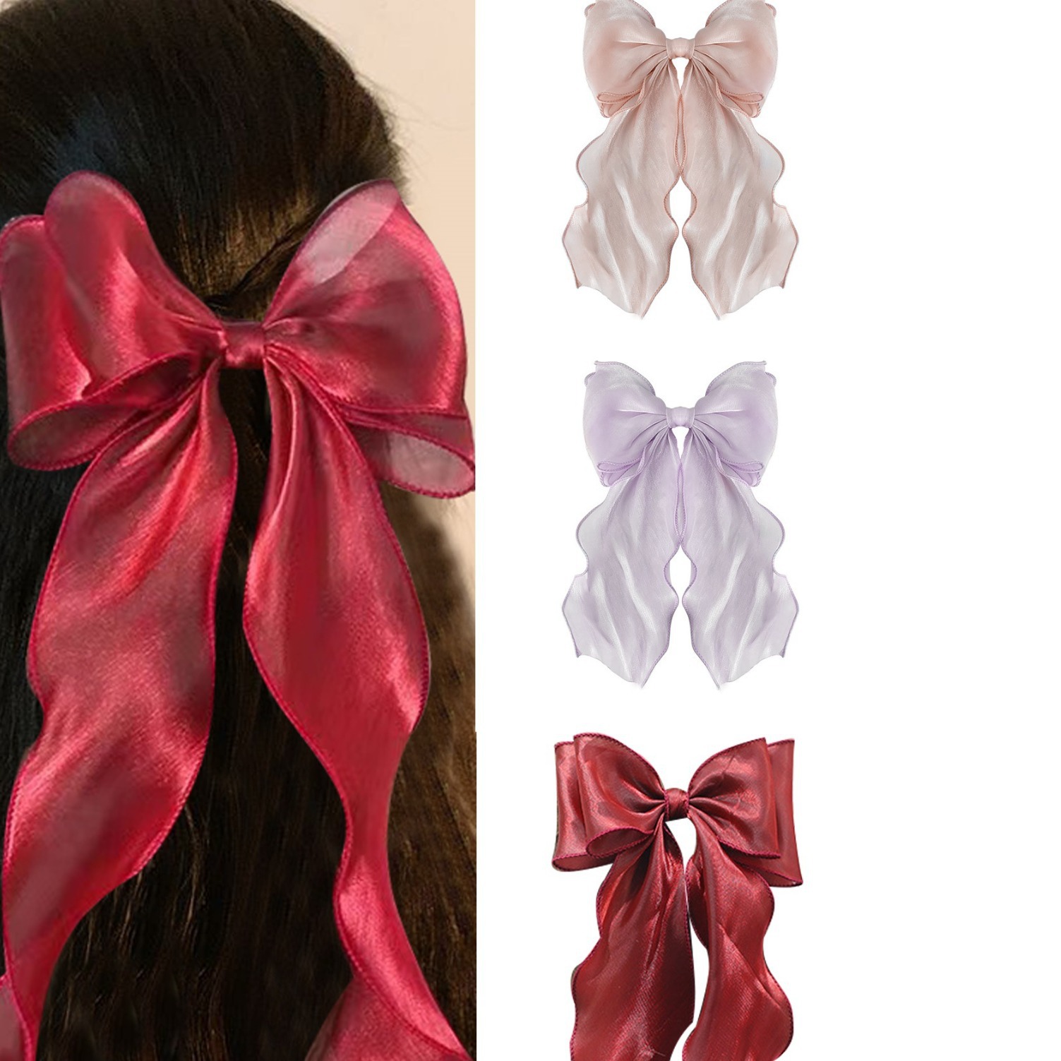 跨境贴标代发超珠光纱带大蝴蝶结lolita唯美长飘带蝴蝶结头饰发夹