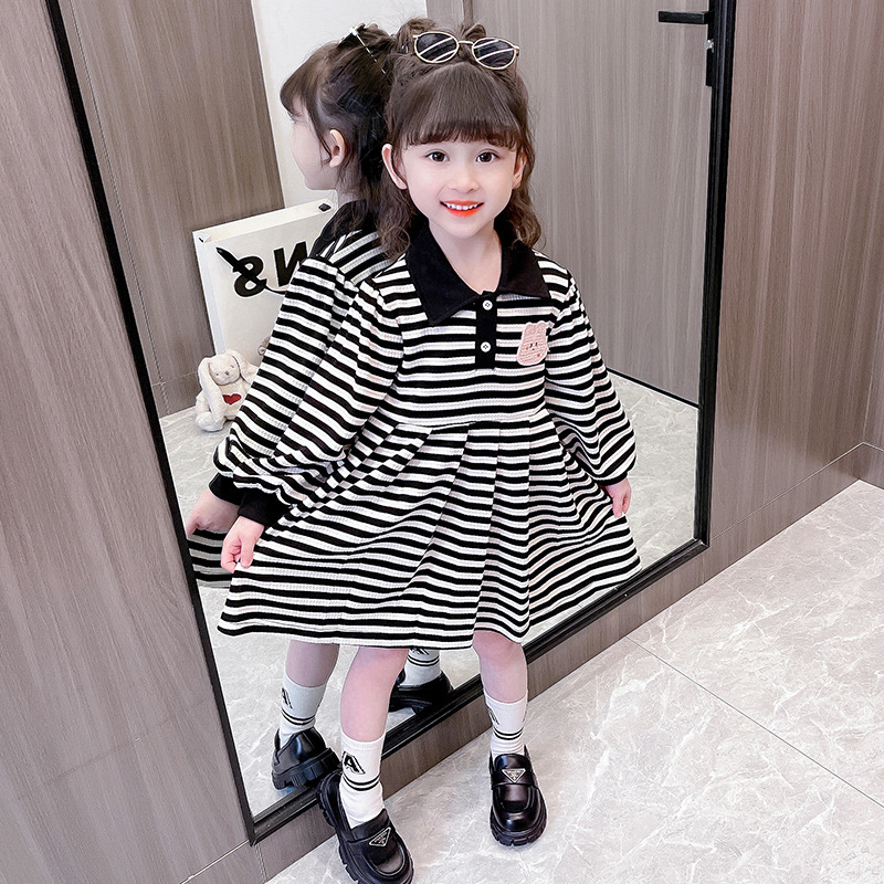Girls' Skirt 2023 Spring New Korean Style Preppy Style Fashionable Cartoon Striped Long Sleeve Baby Girl Dress