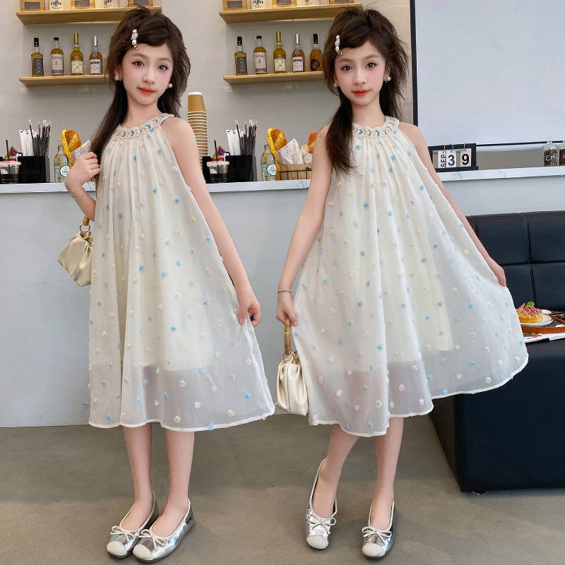 女童夏季彩色小玫瑰连衣裙2024新款儿童洋气可爱公主裙女孩长裙子