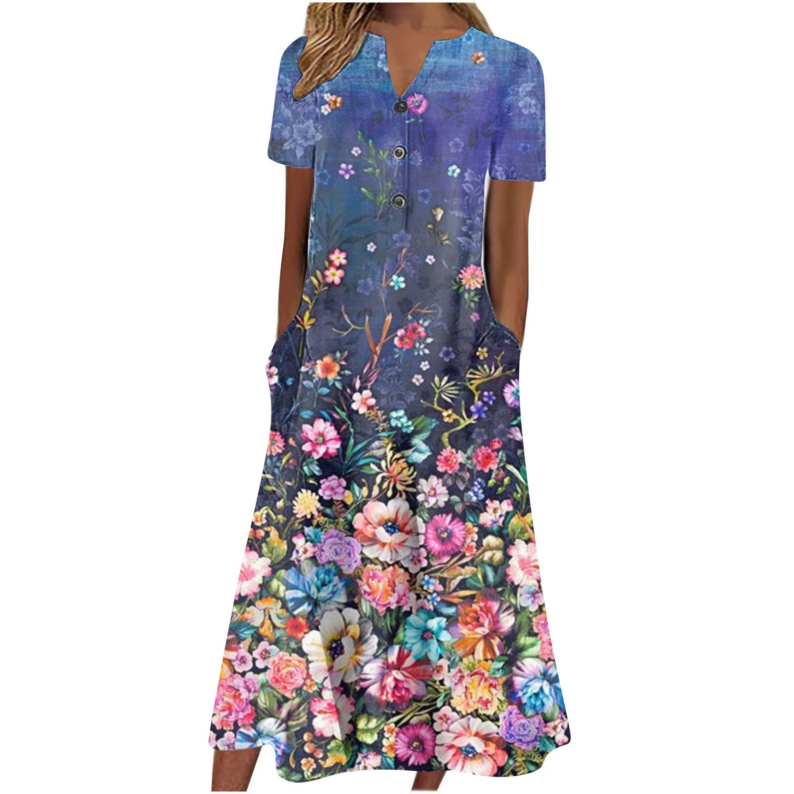 2023 Amazon Europe and America Cross Border Women's Summer New V-neck Button Short Sleeve Loose Big Hem Print Dress