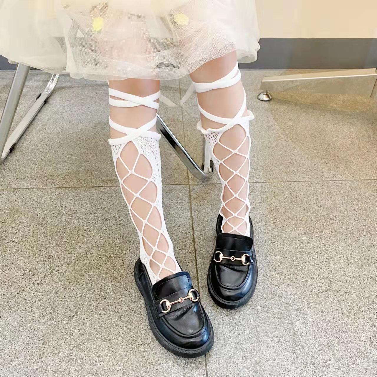 薄女童袜日系个性镂空学生中筒袜网眼绑带渔网袜洛丽塔白色堆堆袜