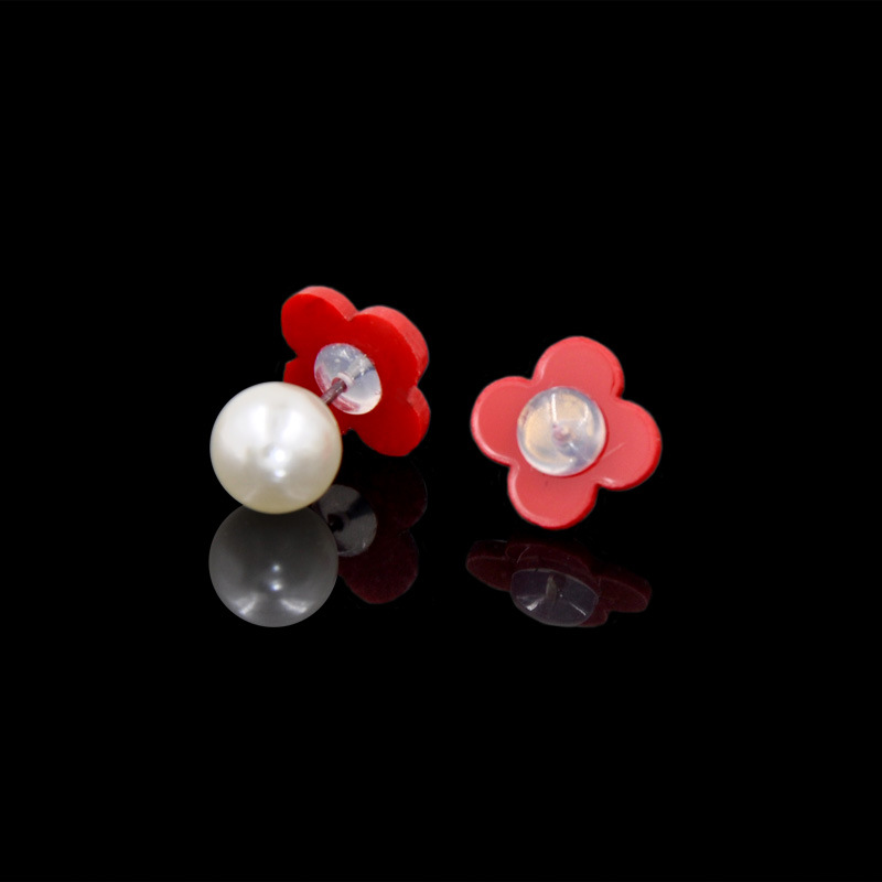 Red New Style Four-Leaf Clover Silicone Hamburger Stud Earrings Earplug Acrylic Anti-Drop Anti-Allergy Earrings Back Plug Wholesale