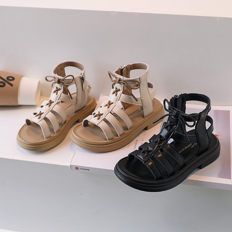 Summer 2023 New Children‘s Genuine Leather Sandals Roman Style Shoes Korean Fashion Zhongbang Girls‘ Sandals Fashion