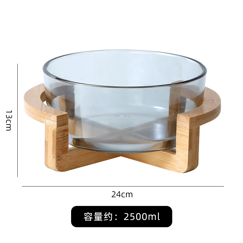 Simple Bamboo Base Glass Fruit Plate Living Room Snack Tray Household Fruit Bowl Salad Bowl Restaurant Buffet Bowl