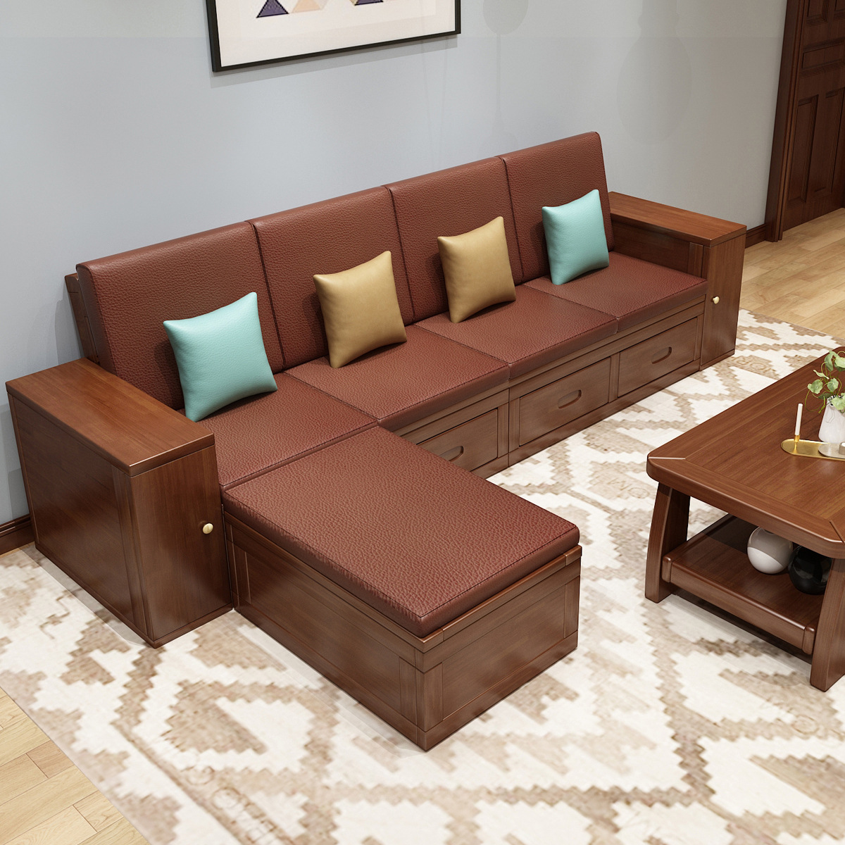 中式实木沙发组合抽屉冬夏两用小户型贵妃家具客厅储物款厂家直销