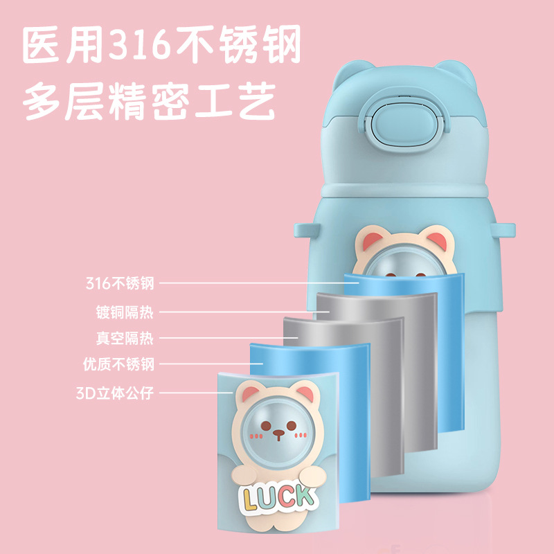 Factory Wholesale 316 Stainless Steel Children's Thermos Mug Cartoon Cute Portable Soft Cute Animal Water Cup with Straw