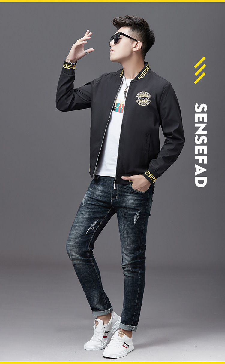 春秋白色外套休闲夹克男美人头刺绣欧洲站棒球领潮牌靓仔男装