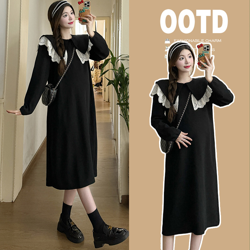 孕妇装实拍秋装新款娃娃领蕾丝荷叶边长袖卫衣连衣裙宽松孕妇裙女