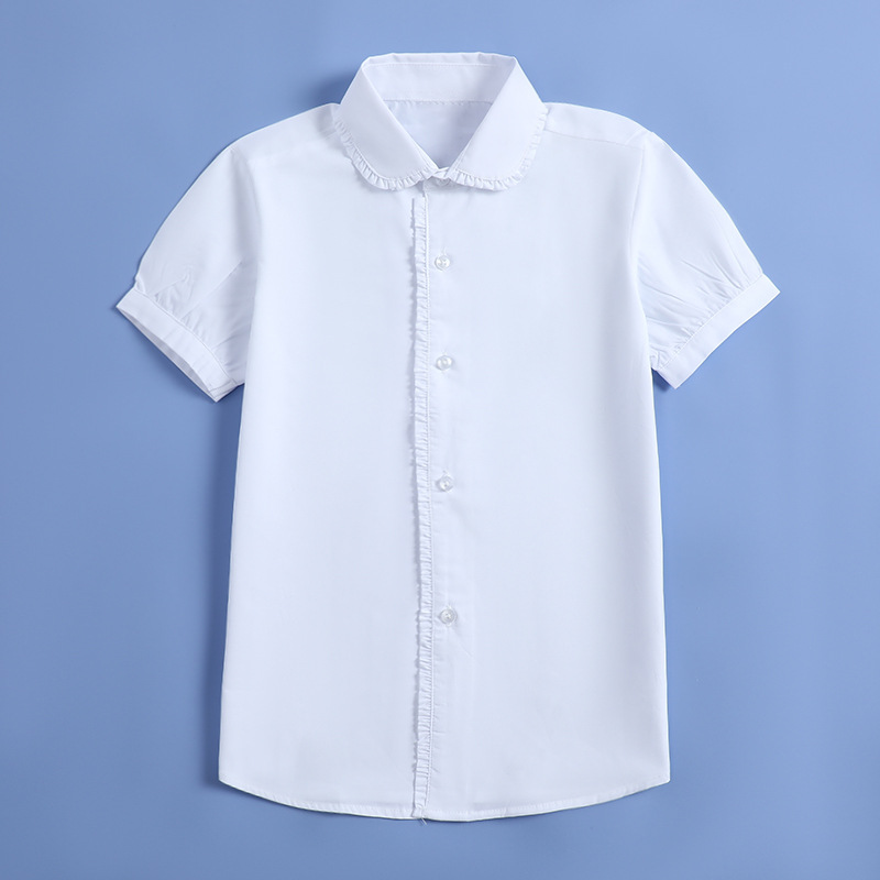 女童花边领短袖白衬衫学院园服班服中大童小学生校服纯白色衬衣