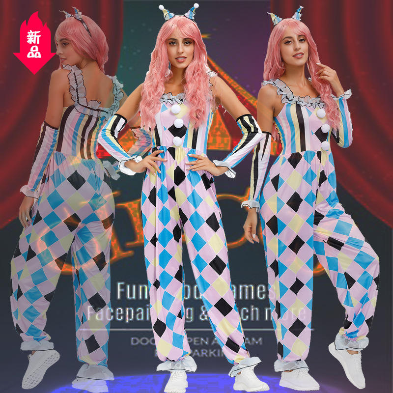 万圣节服装恐怖 马戏团小丑女 成人小丑装菱形拼色舞台演出服