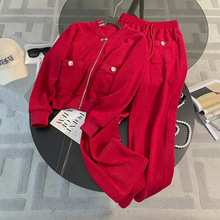 欧货红色休闲运动套装女春2024新款洋气显瘦小个子短款卫衣两件套