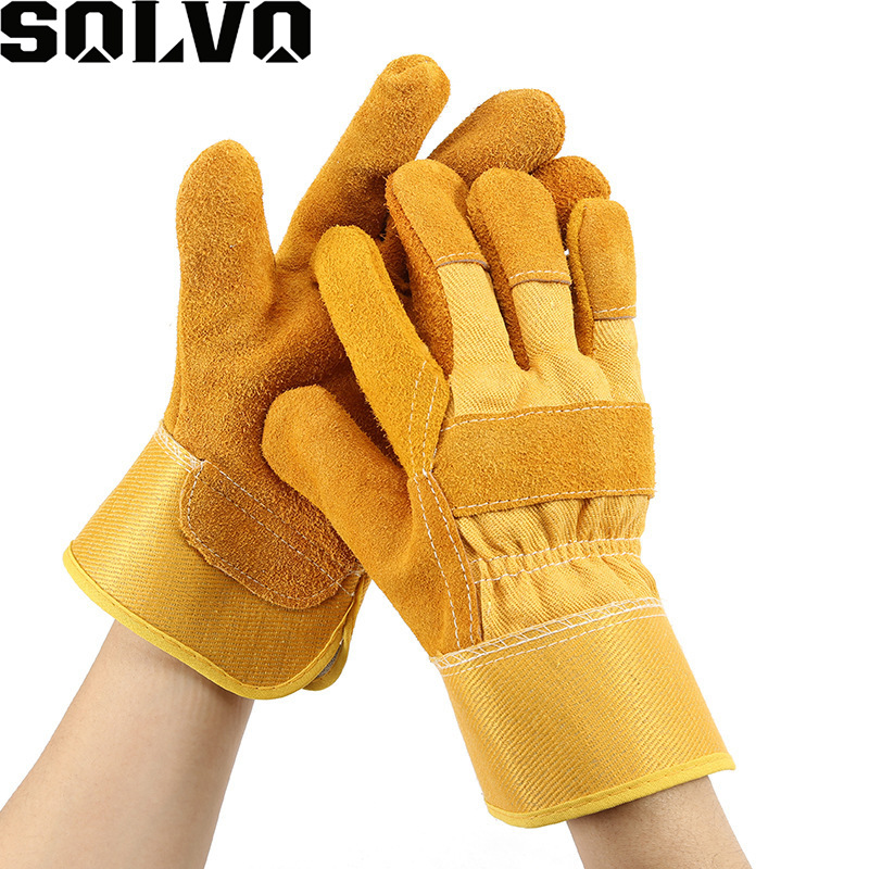 牛皮工作牛二层皮黄布黄皮劳保手套电焊工全掌驳掌手套厂家批发