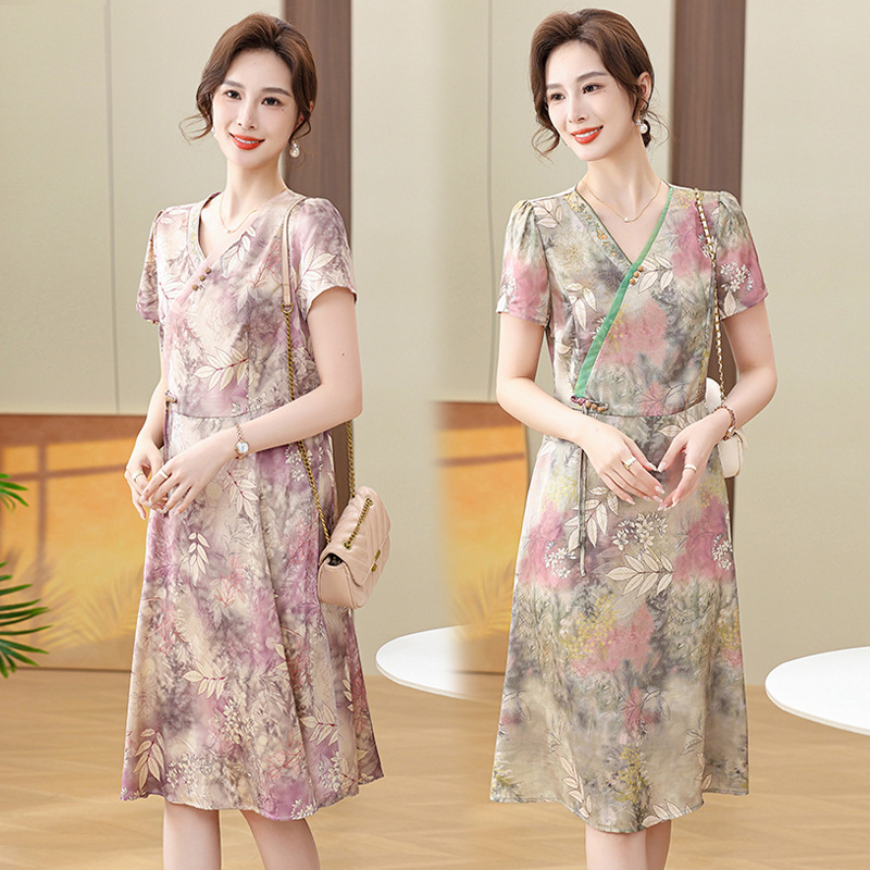 中年妈妈气质春夏装连衣裙洋气高贵50岁中老年人女新中式雪纺裙子